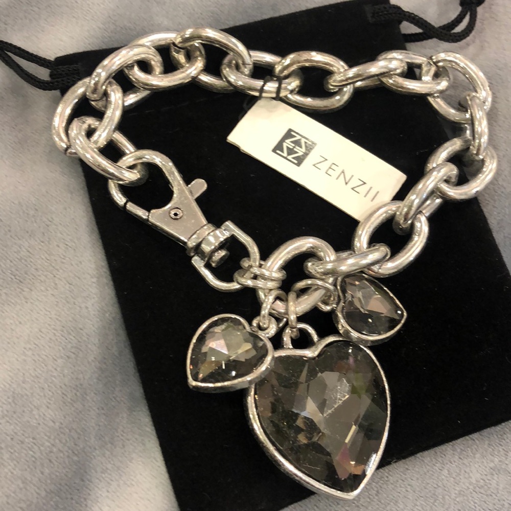 Triple Black Diamond Heart Charms on Large Link Bracelet-Boutique